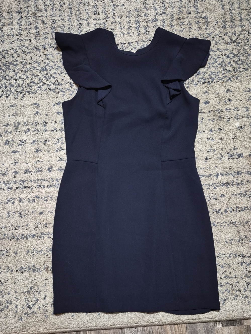 Adelyn Rae Navy Flutter Sleeve Midi Sheath Dress